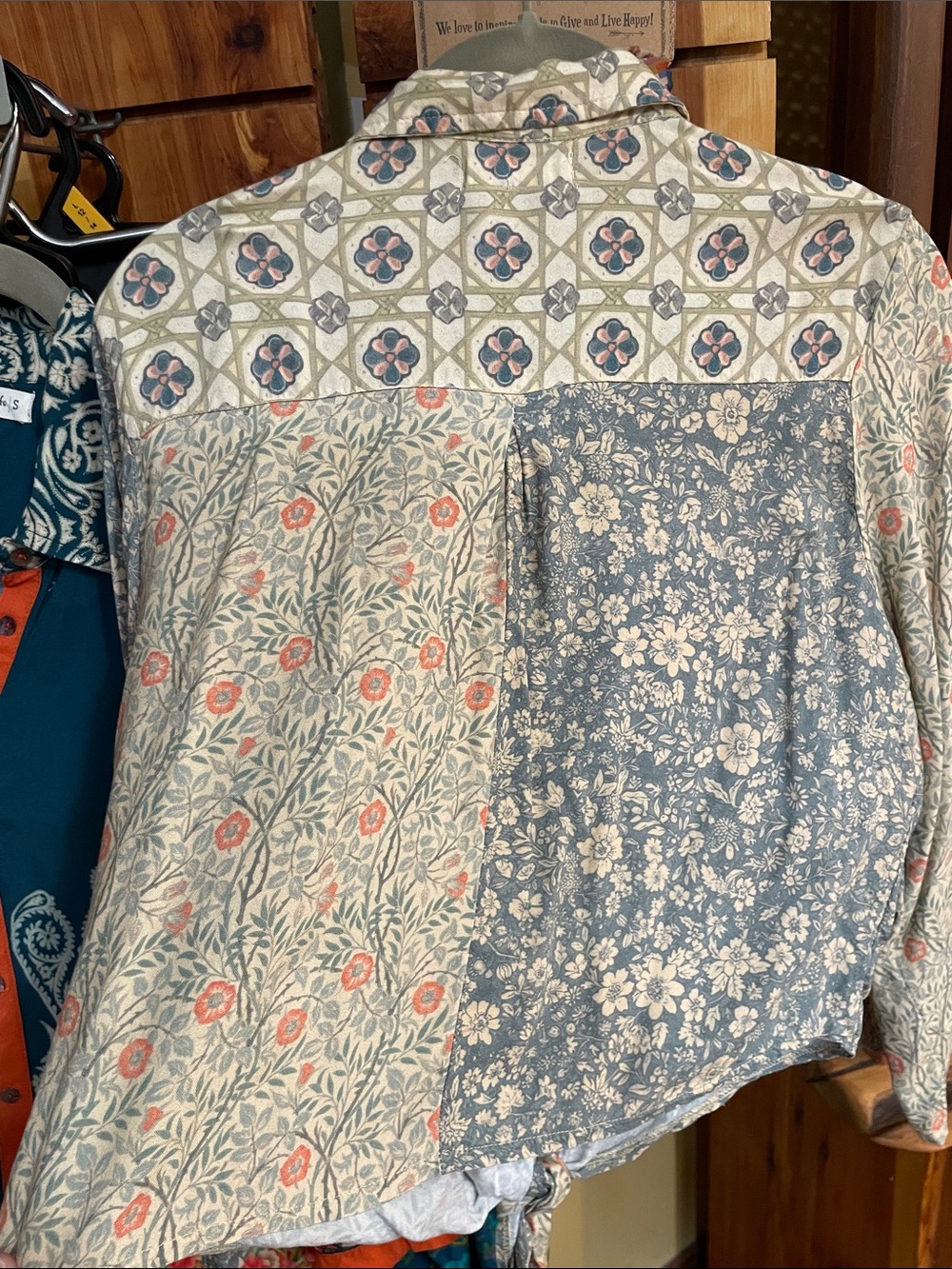 NATURAL LIFE Lola Front Tie Patchwork Button-down Shirt blouse Bohemian Sage - Picture 9 of 10